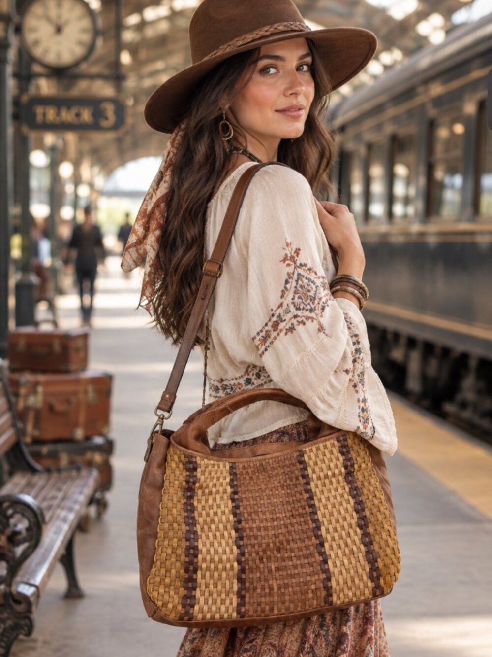 New Handcrafted India Artisan Braided Woven Leather handle Crossbody bag slouchy